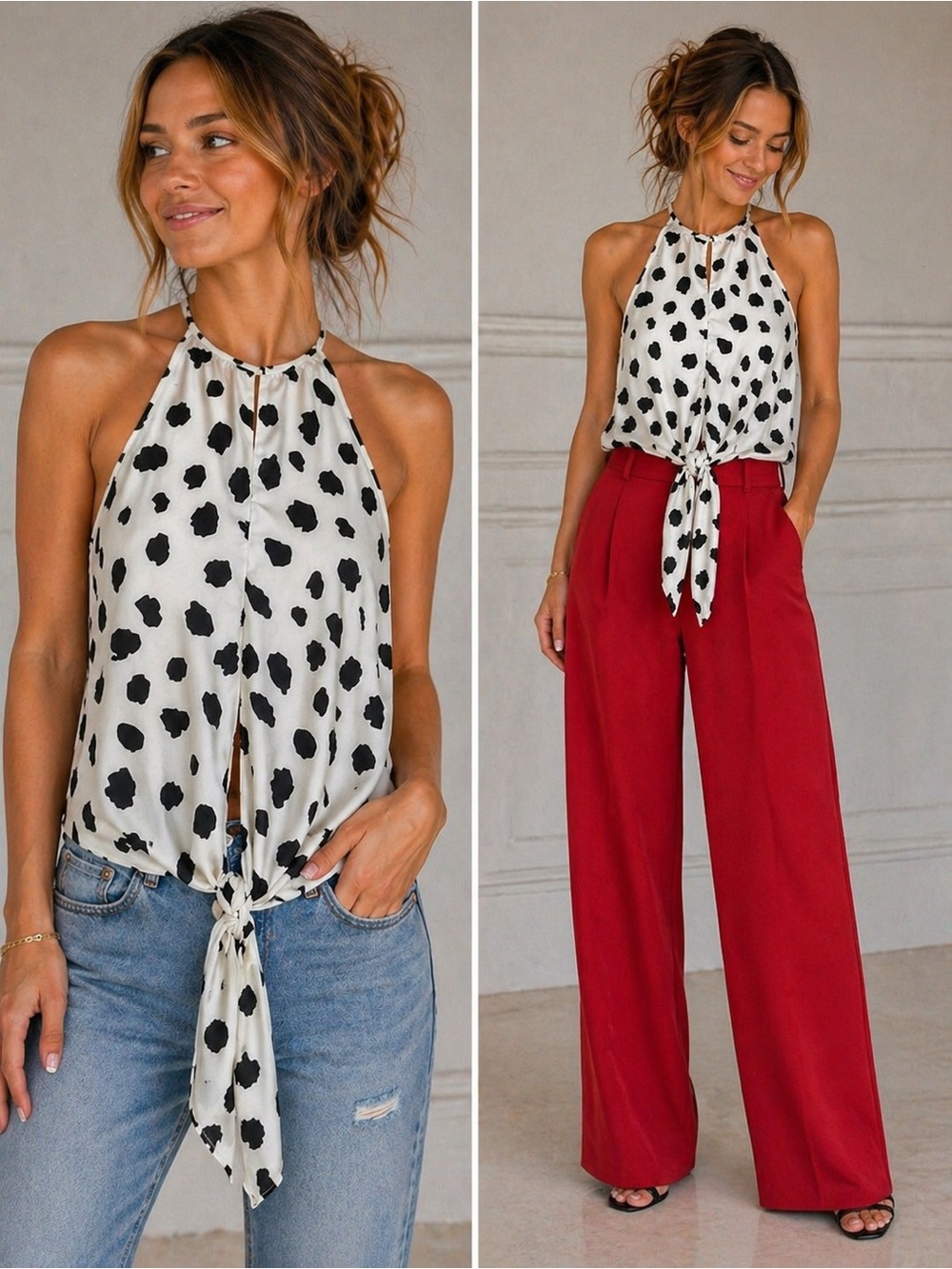 Buddy Love White and Black Halter Tie-Front Polka Dot Camisole